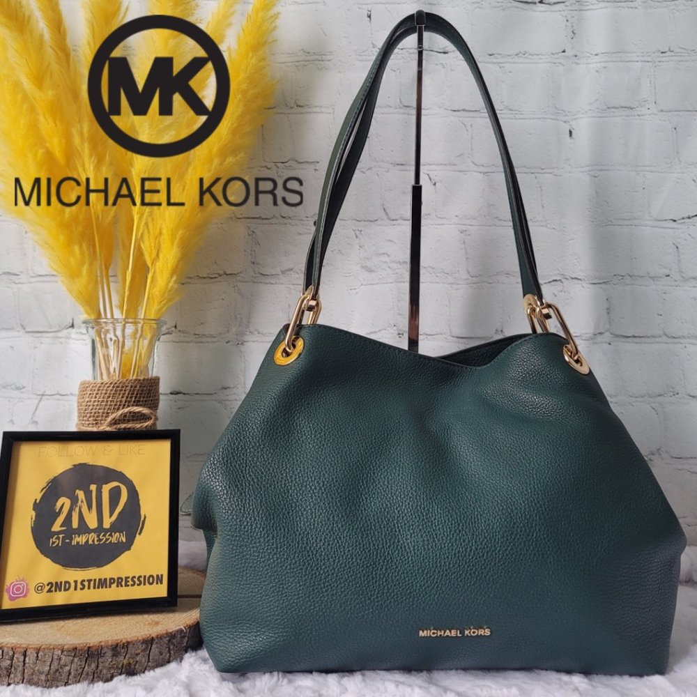 MICHAEL KORS Raven Green Emerald Gold Leather Large Shoulder Tote